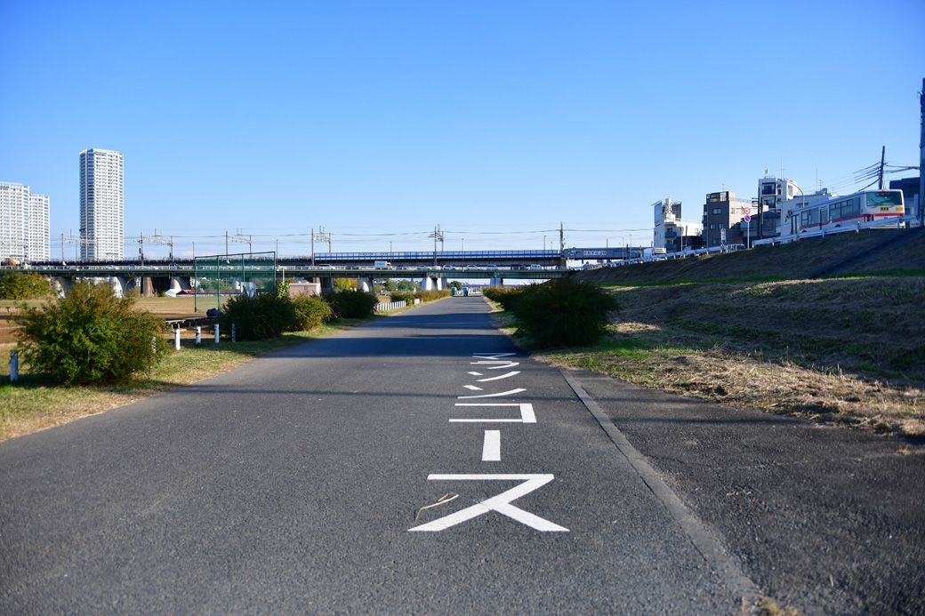 多摩川緑地のマラソンコース（筆者撮影）