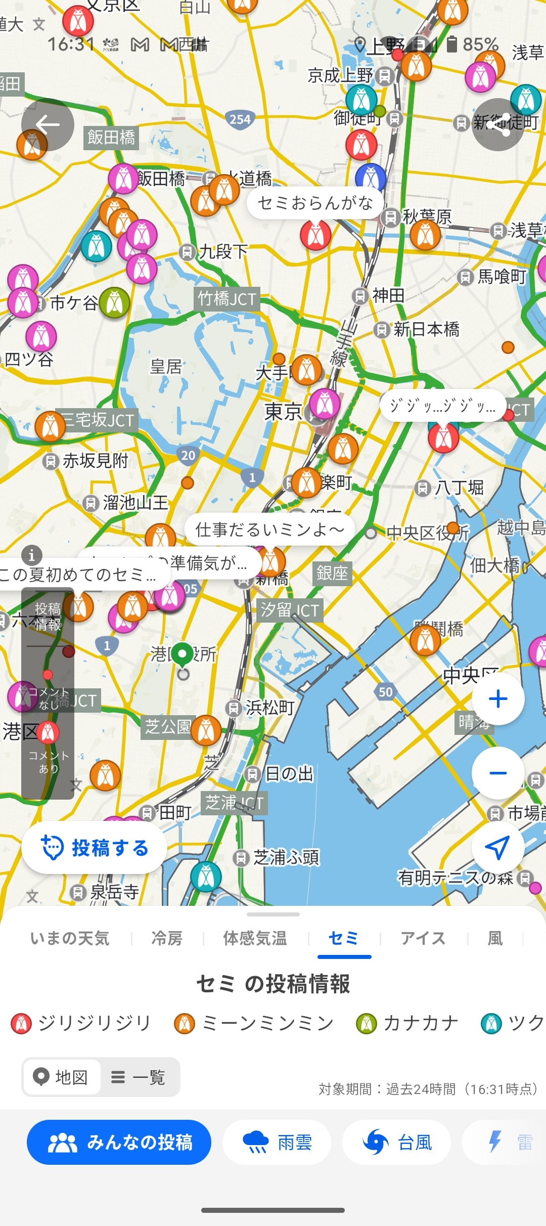 セミの投稿情報のページには、セミになりきった投稿も（画像：筆者撮影）