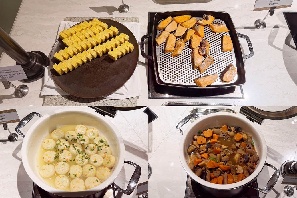 だし巻き玉子、鮭の塩焼き、豆腐ハンバーグ、筑前煮（写真：筆者撮影）