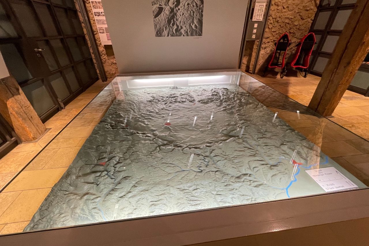 クレーターとネルトリンゲンを示す展示。リースクレーター博物館にて（写真：筆者撮影）