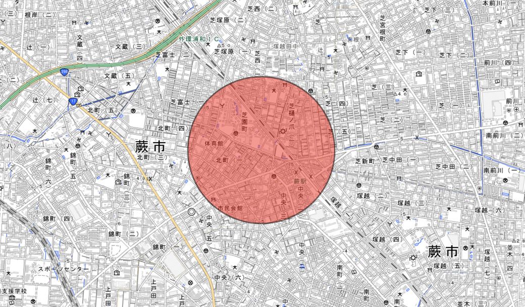 赤くマーキングしたあたりを散策した。（国土地理院 電子国土Webから筆者作成）