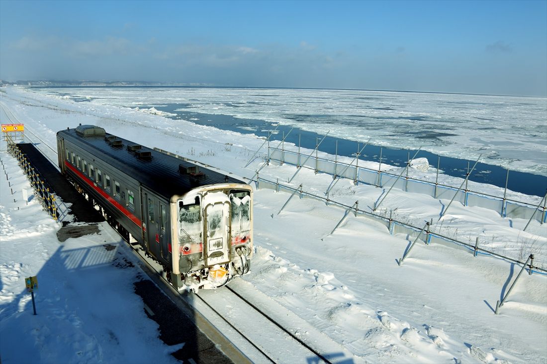 流氷のオホーツク海をバックに釧網本線を行くキハ54形（撮影：南正時）