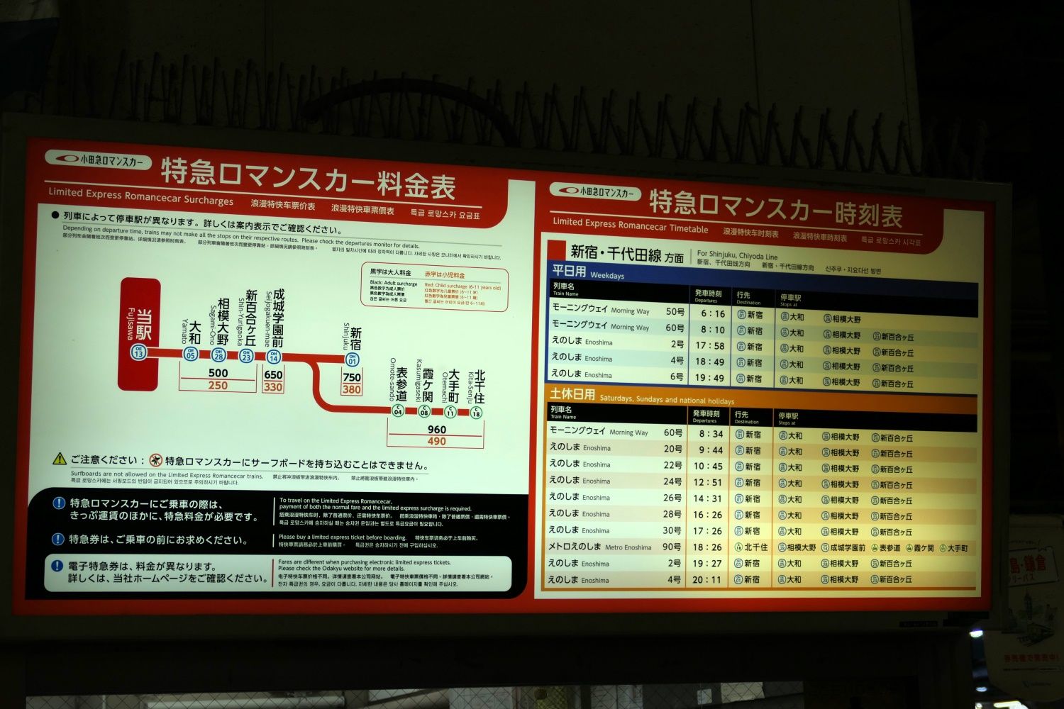 特急ロマンスカーの料金表と時刻表。ロマンスカーにサーブボードは持ち込めない（記者撮影）