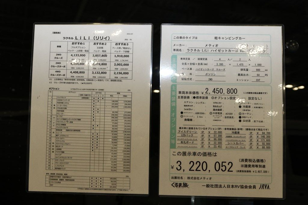 東京キャンピングカーショー2022に出展されていたメティオの「ラクネル・リリイ ハイゼットカーゴver.」（筆者撮影）