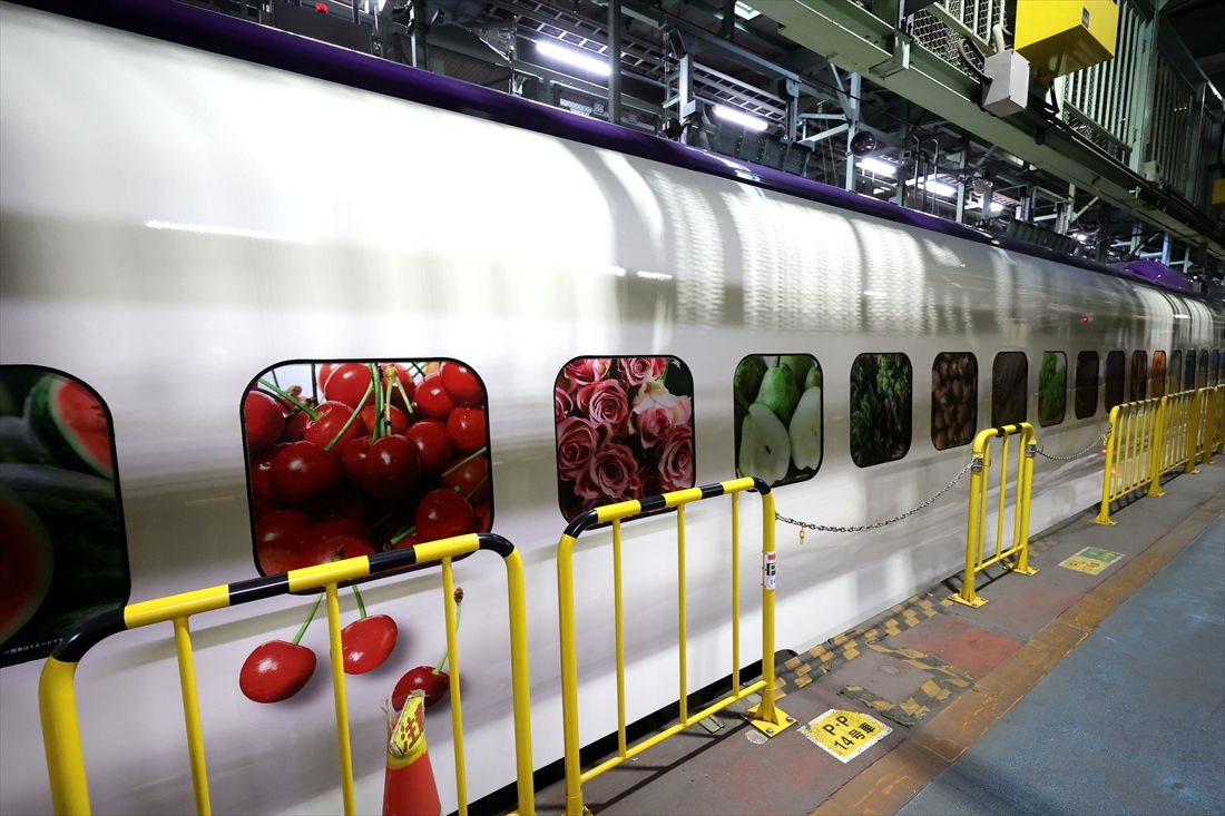 窓には東北の水産物や果物、医療関係品など車内に積む荷物をイメージしたラッピングを施している（撮影：尾形文繁）