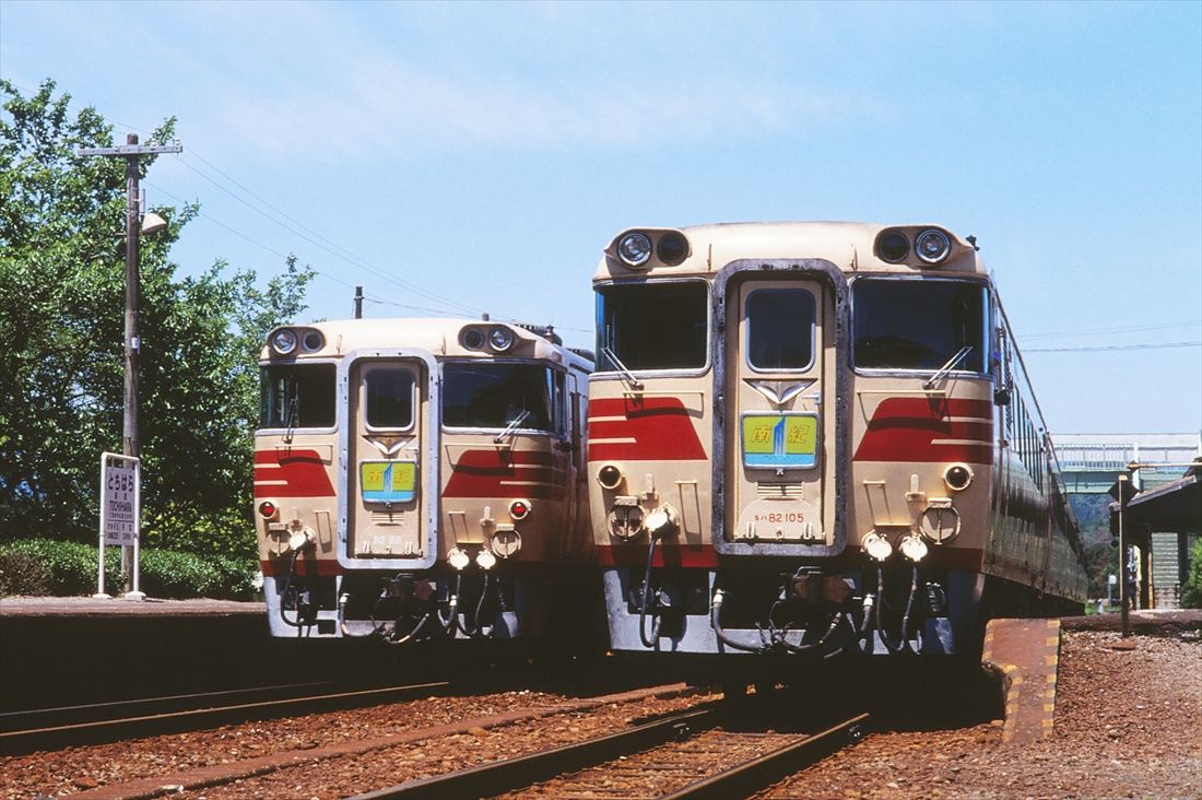 紀勢本線の栃原駅で交換する上下の特急「南紀」＝1981年（撮影：南正時）