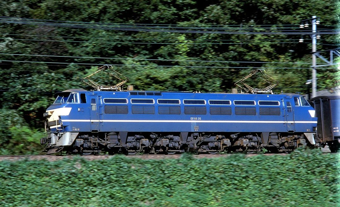 貨物列車を牽いて東海道本線柏原付近を疾走するEF66形（撮影：南正時）