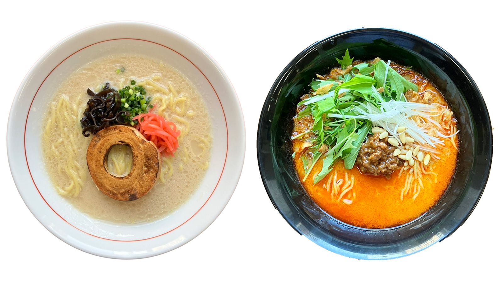 動物性原料不使用の九州豚骨ラーメンtaste（左）と東京坦担麺taste（右）（画像：アリアケジャパン）