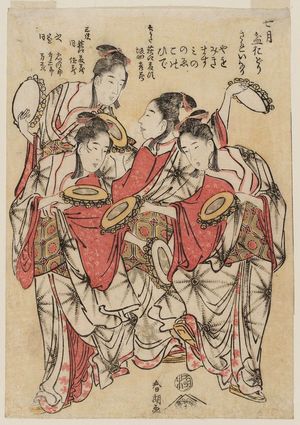 芸者などが狂言や所作事を演じながら歩くパレードを描いた北斎画、「仁和嘉狂言」七月盆踊り(画像:ボストン美術館)