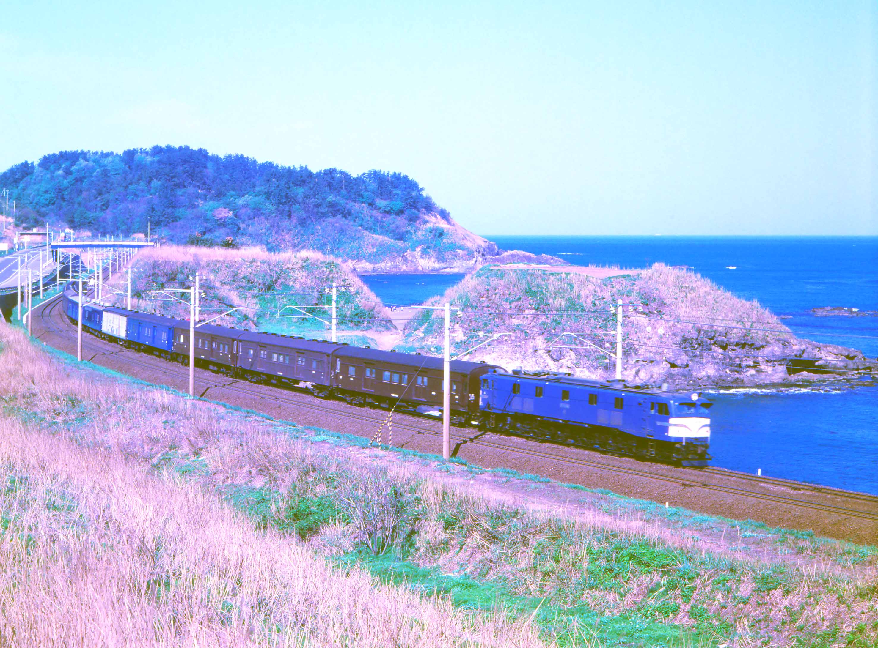 信越本線青海川付近を走るEF58形牽引の荷物列車（撮影：南正時）