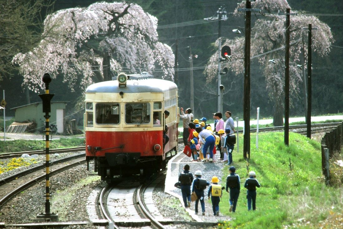 岩手開発鉄道のキハ301。桜咲くなか、通学の子どもたちが乗り込む（撮影：南正時）