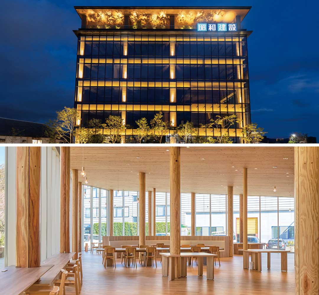 昭和建設株式会社 本社ビル（上）や河村電器産業株式会社つくば工場食堂棟（下）