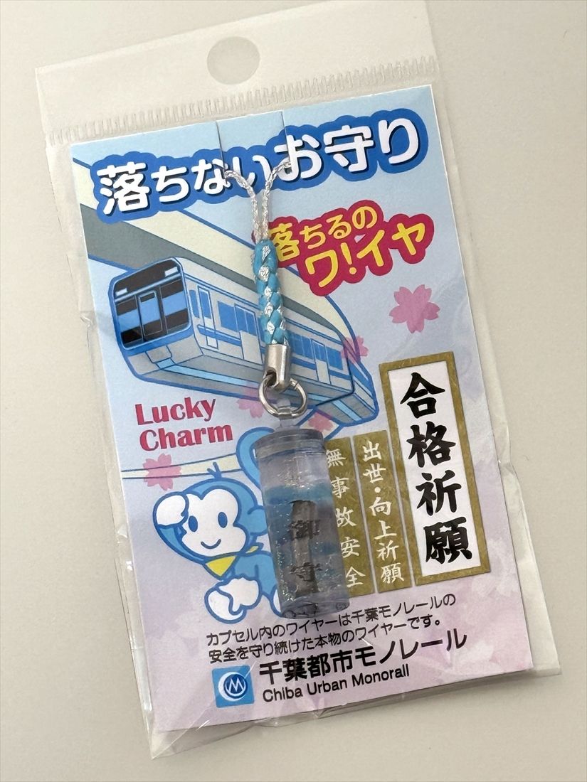 万が一懸垂腕が外れても車体が落下しないようにワイヤーが取り付けられているが、そのワイヤーが中に入った「落ちないお守り」（筆者撮影）