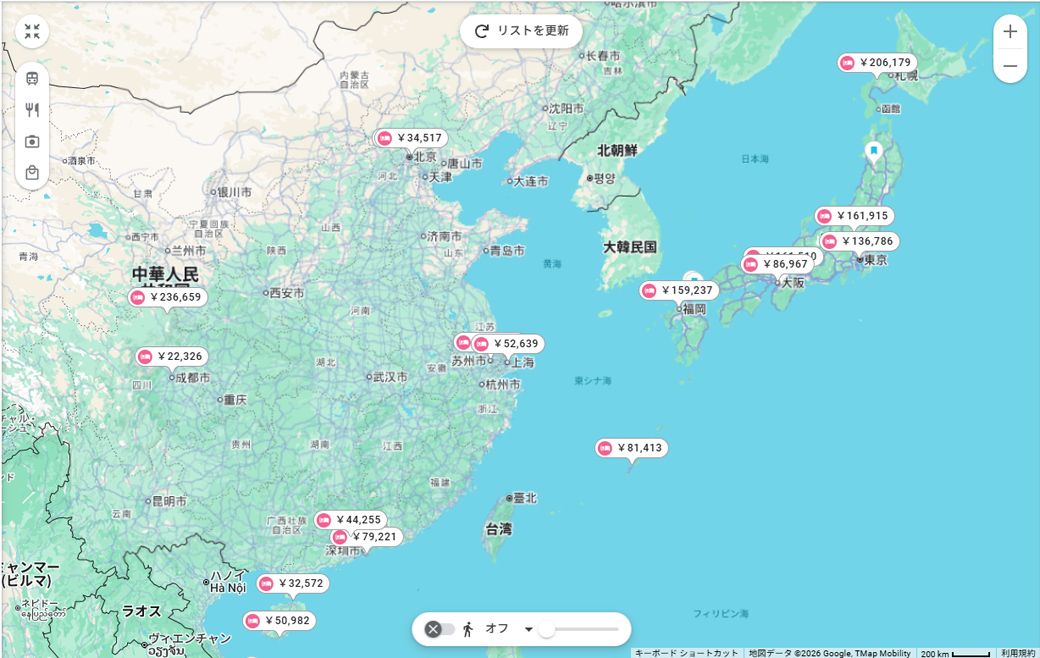「リッツカールトン 日本」で検索された結果表示される地図を拡大すると、海外のリッツカールトンの価格も一覧で確認できる