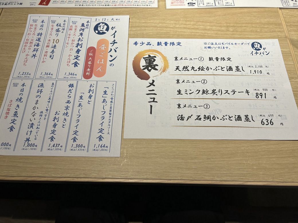 「魚がイチバン 九段靖国通り店」のメニュー（写真：筆者撮影）