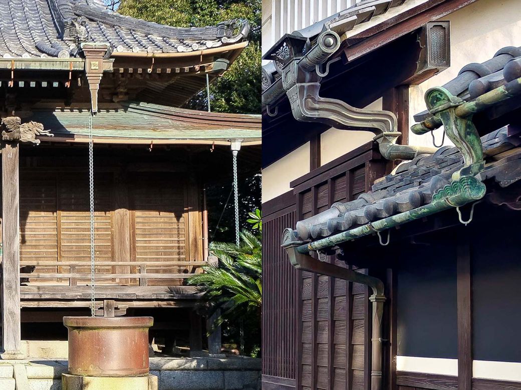 寺社で見られる鎖樋（くさりどい）や、町家に施された意匠的な雨樋もその好例である（筆者撮影）