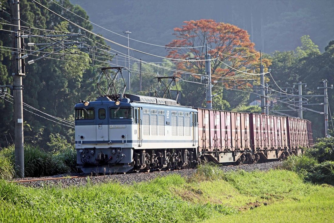 伯備線根雨付近を行くEF64形0番台牽引の貨物列車（撮影：南正時）