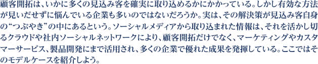 顧客開拓は、いかに多くの見込み客を確実に取り込めるかにかかっている。しかし有効な方法が見いだせずに悩んでいる企業も多いのではないだろうか。実は、その解決策が見込み客自身の“つぶやき”の中にあるという。ソーシャルメディアから取り込まれた情報は、それを活かし切るクラウドや社内ソーシャルネットワークにより、顧客開拓だけでなく、マーケティングやカスタマーサービス、製品開発にまで活用され、多くの企業で優れた成果を発揮している。ここではそ のモデルケースを紹介しよう。